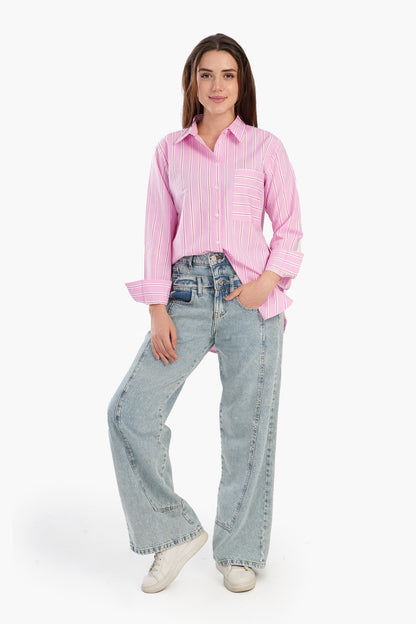 قميص مخطط بأزرار خالد