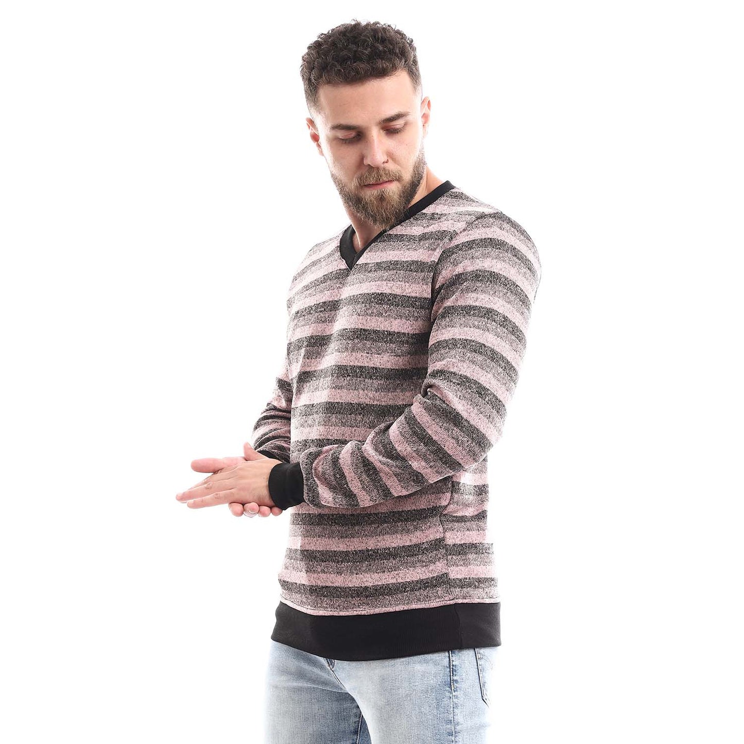 Casual Striped V-Neck Sweatshirt - سويت شيرت مخطط برقبة V