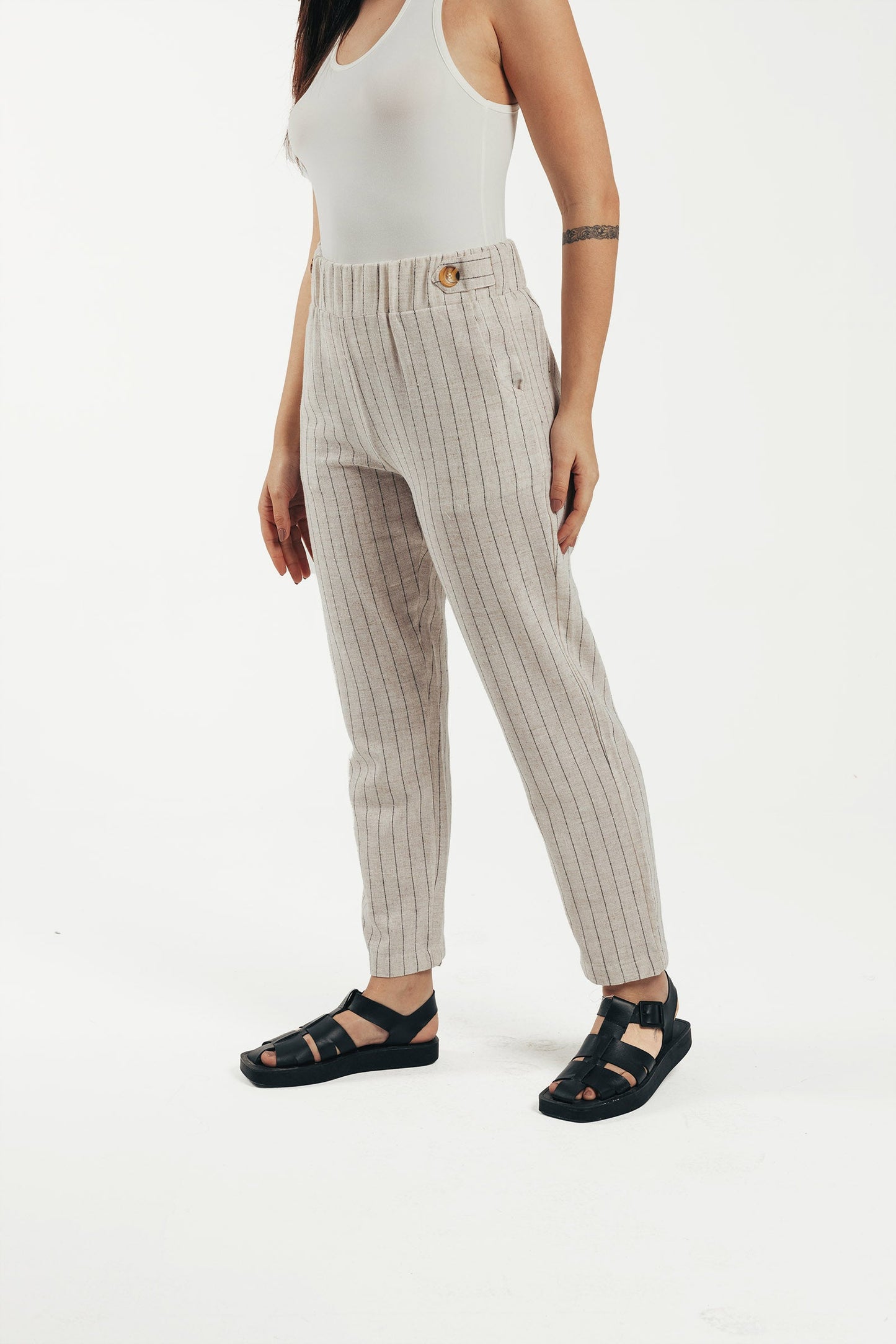 Linen Elastic Waist Striped Pants