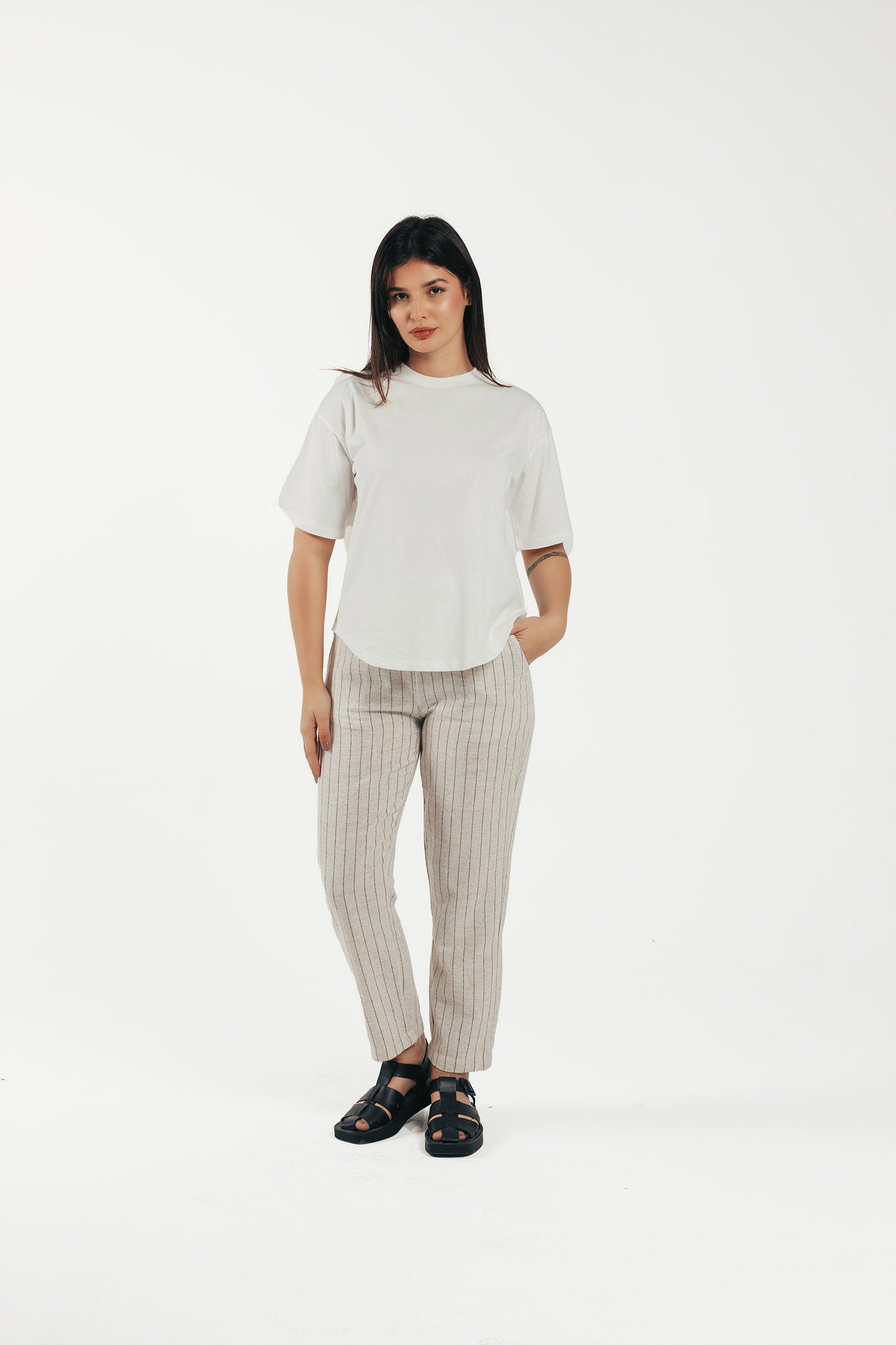 Linen Elastic Waist Striped Pants