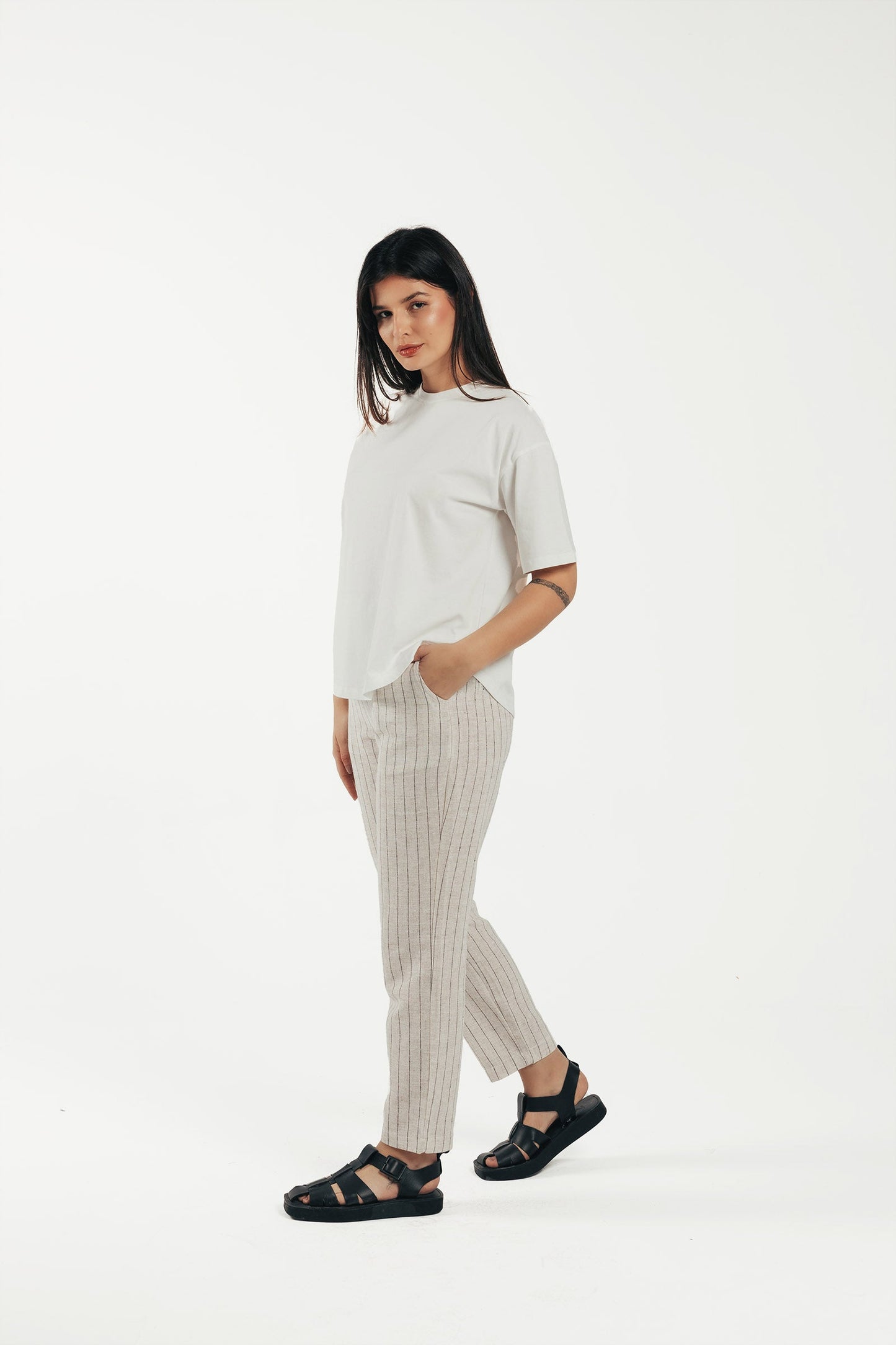 Linen Elastic Waist Striped Pants