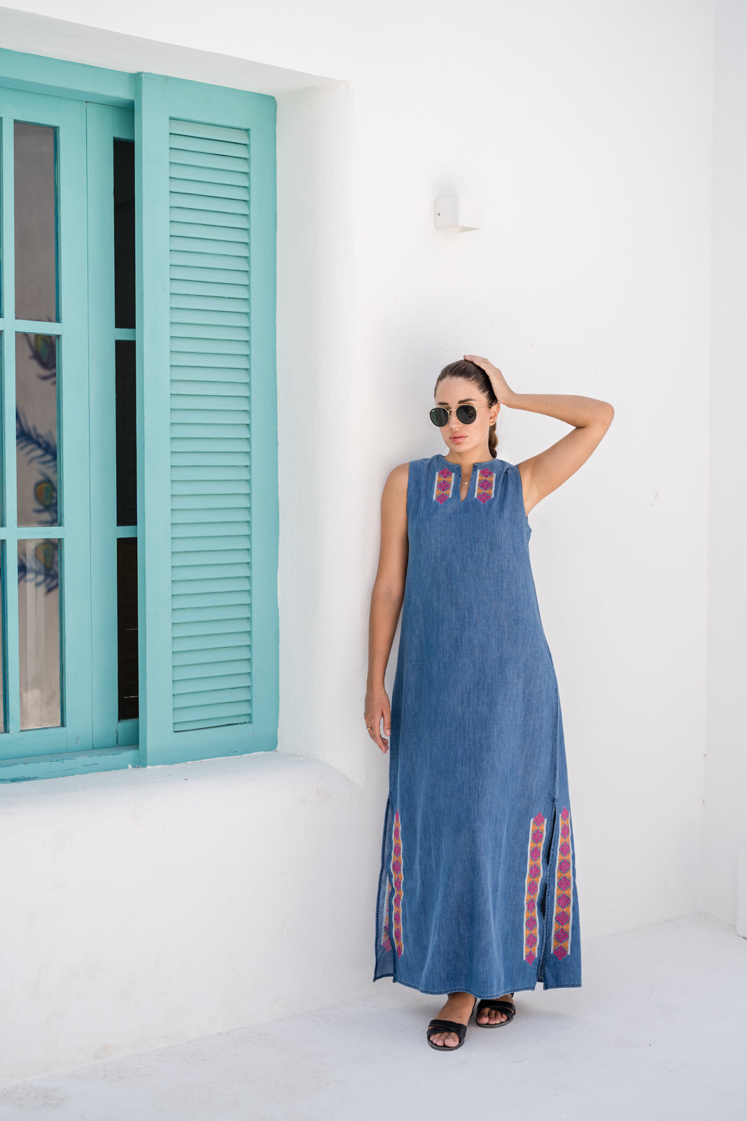 Embroidered Denim Maxi Dress