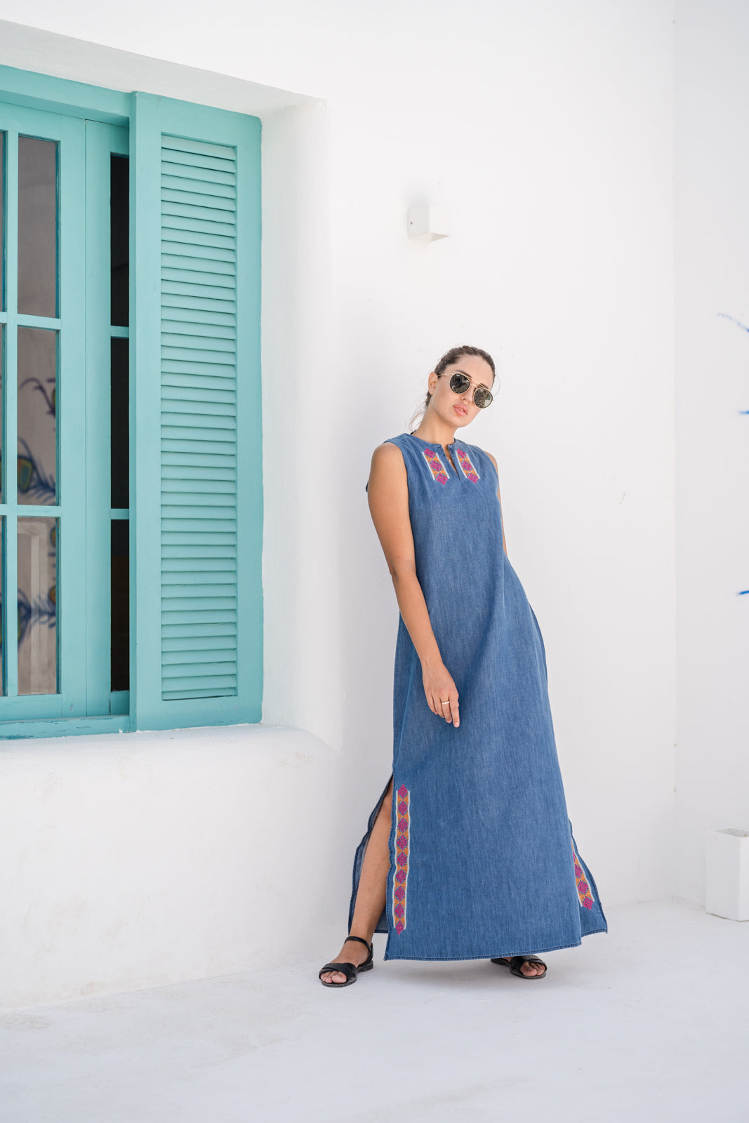 Embroidered Denim Maxi Dress