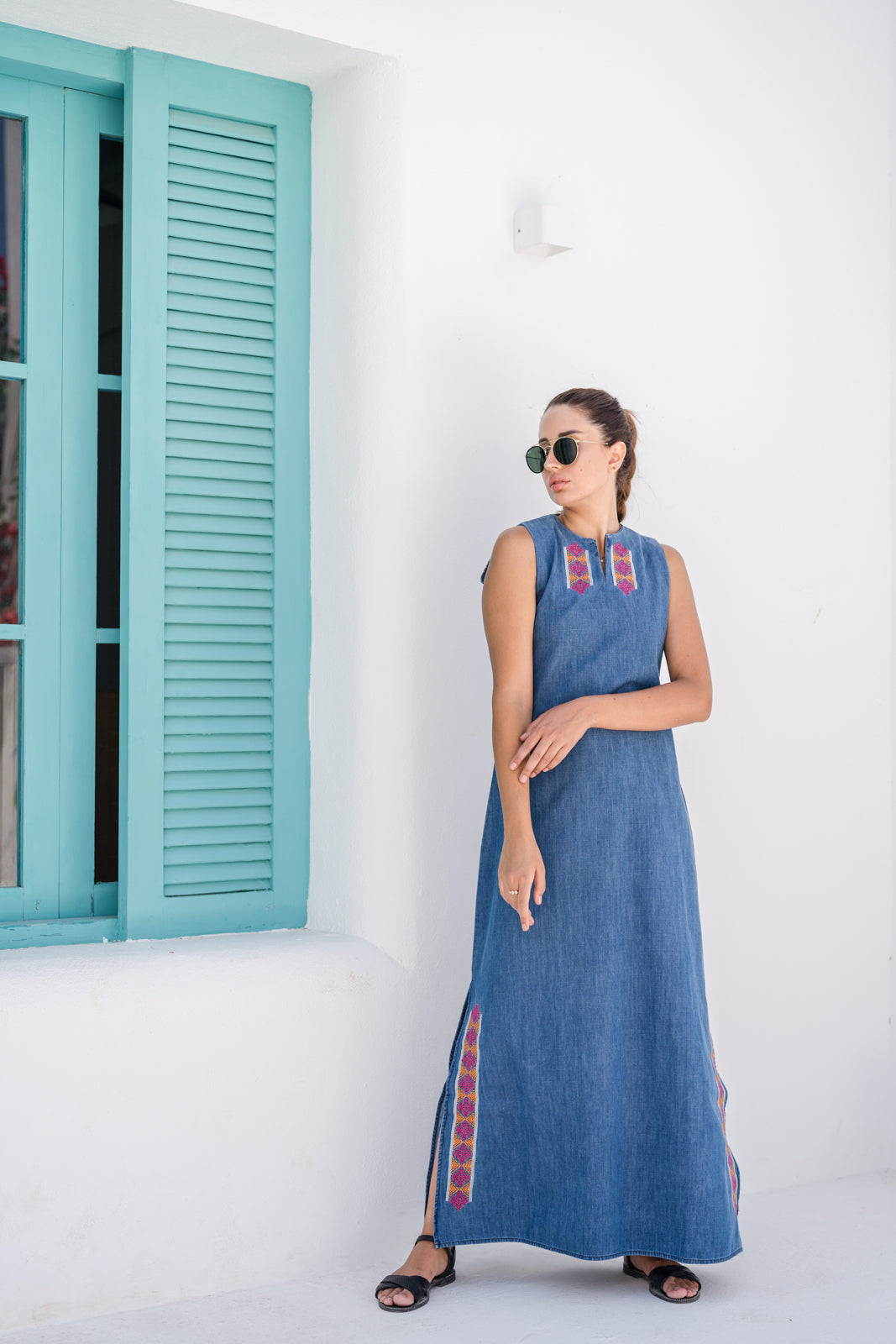 Embroidered Denim Maxi Dress