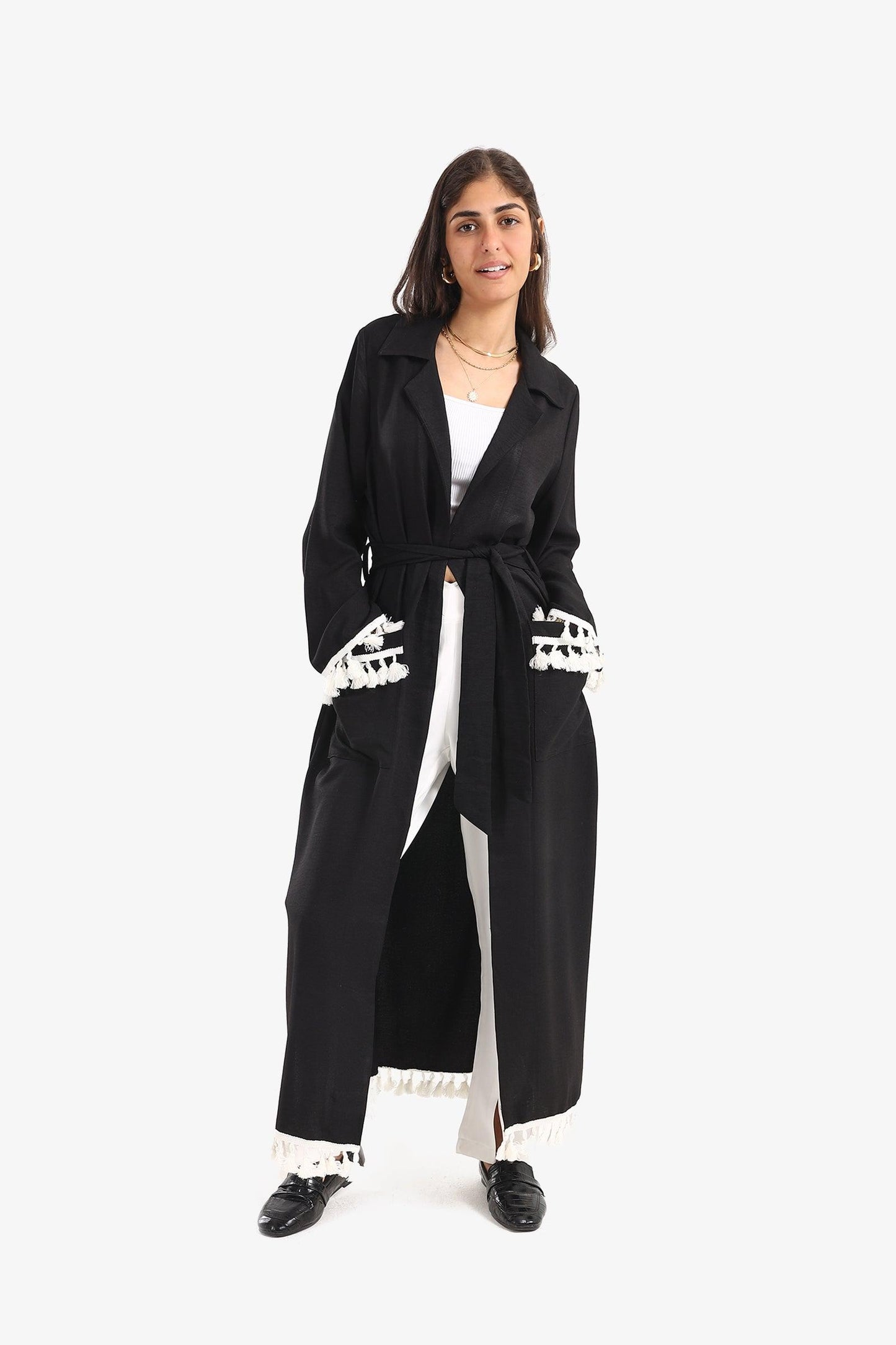 Belted Kimono with Fringed Trim