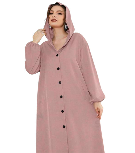 Pink Chamois Fleece Hooded Knee-Length Jacket