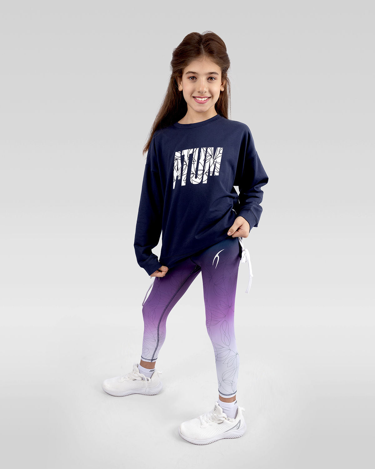 Navy Printed Sweatshirt with Side Ribbons for Girls