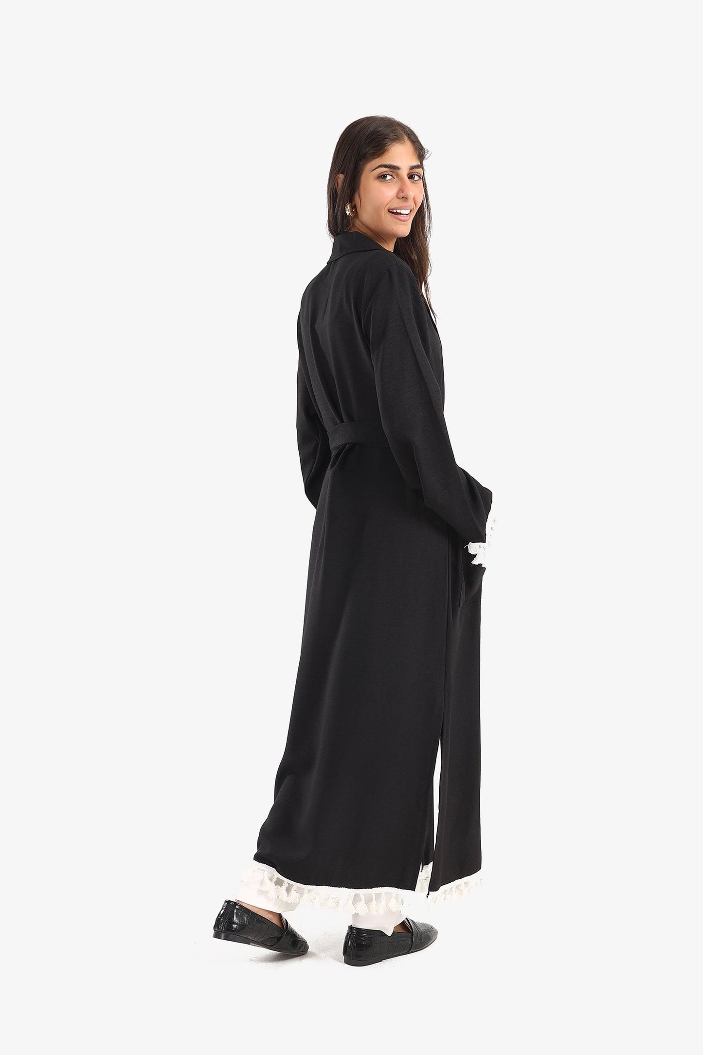 Belted Kimono with Fringed Trim