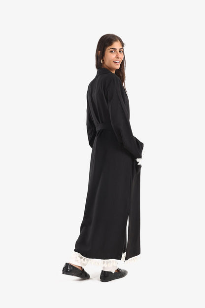 Belted Kimono with Fringed Trim