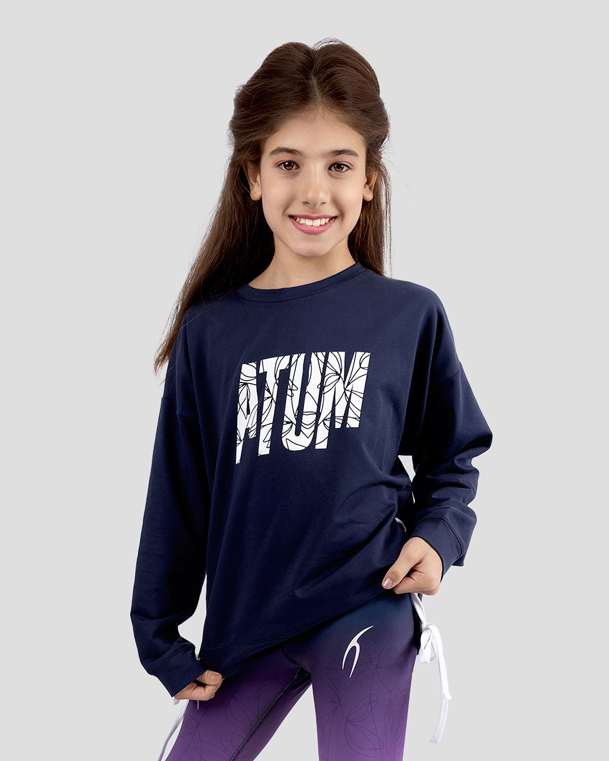 Navy Printed Sweatshirt with Side Ribbons for Girls