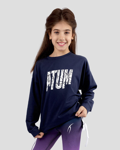 Navy Printed Sweatshirt with Side Ribbons for Teen Girls