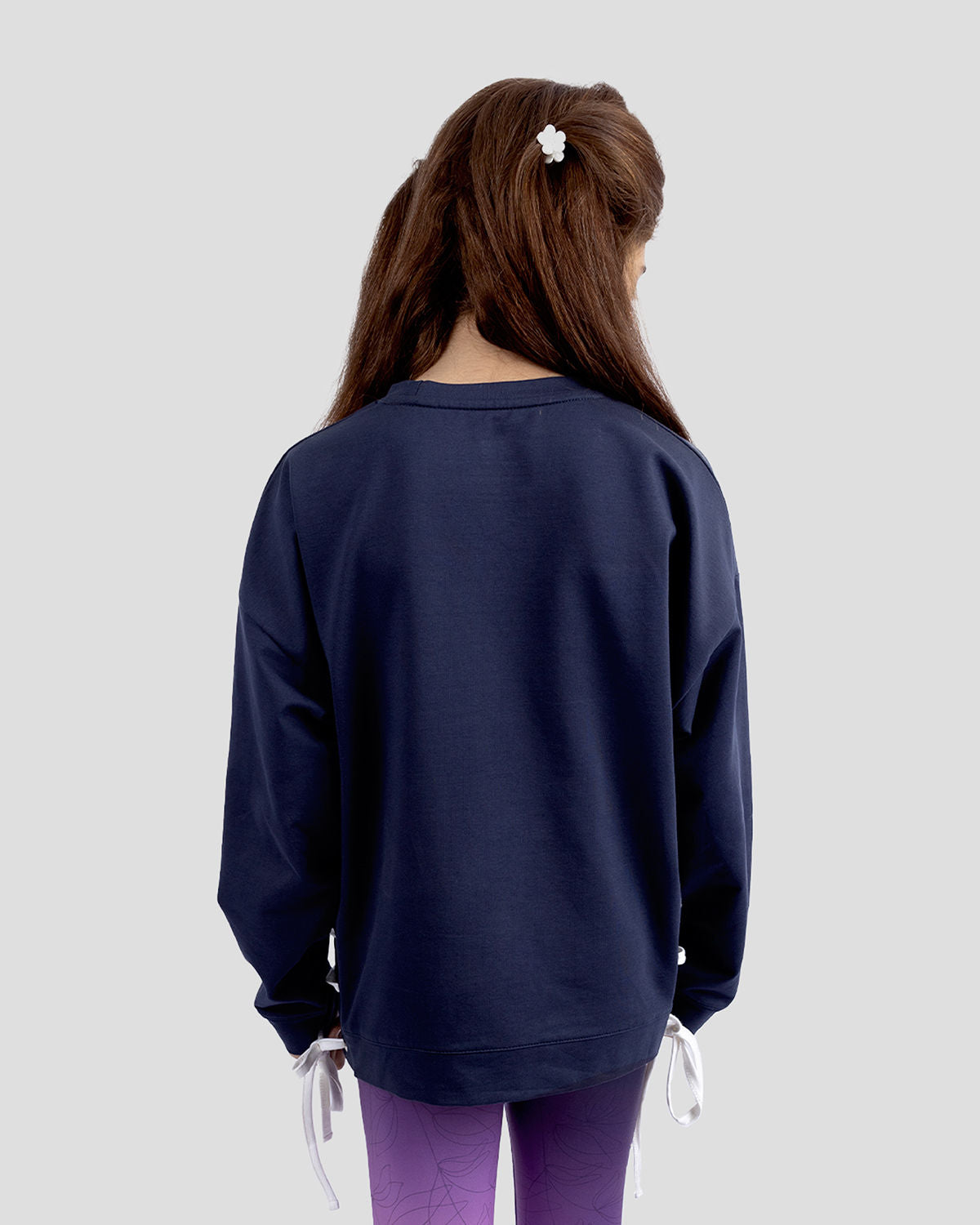 Navy Printed Sweatshirt with Side Ribbons for Girls