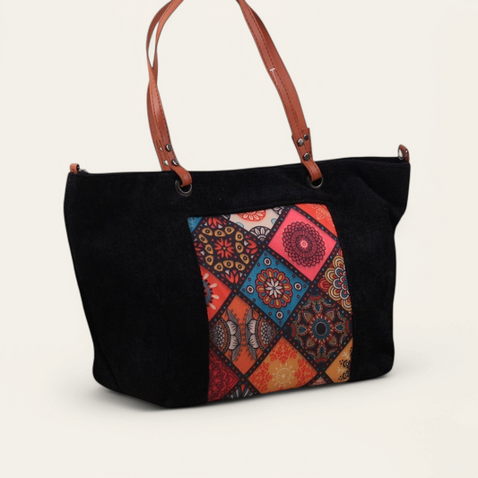 Black Fabric Shoulder Bag with Colorful Pattern
