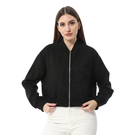 Black Suede Zip-up High-Hip Jacket