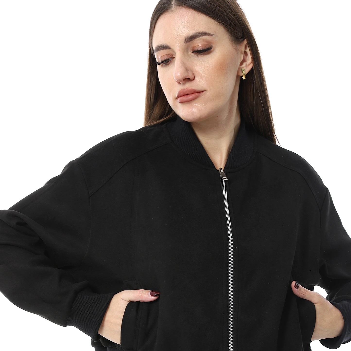 Black Suede Zip-up High-Hip Jacket