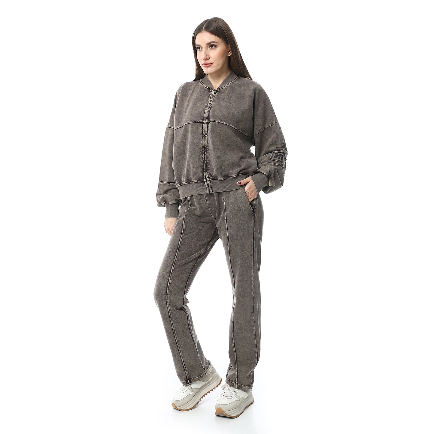 Brown Casual Zip-up Jacket & Pants Set