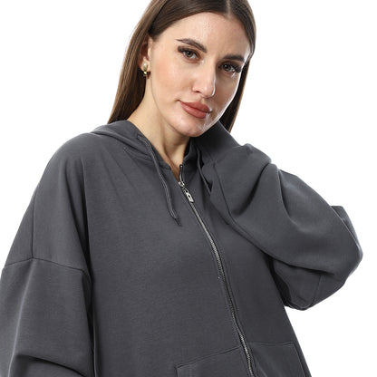 Dark Gray Simple Print Full Zip Hoodie
