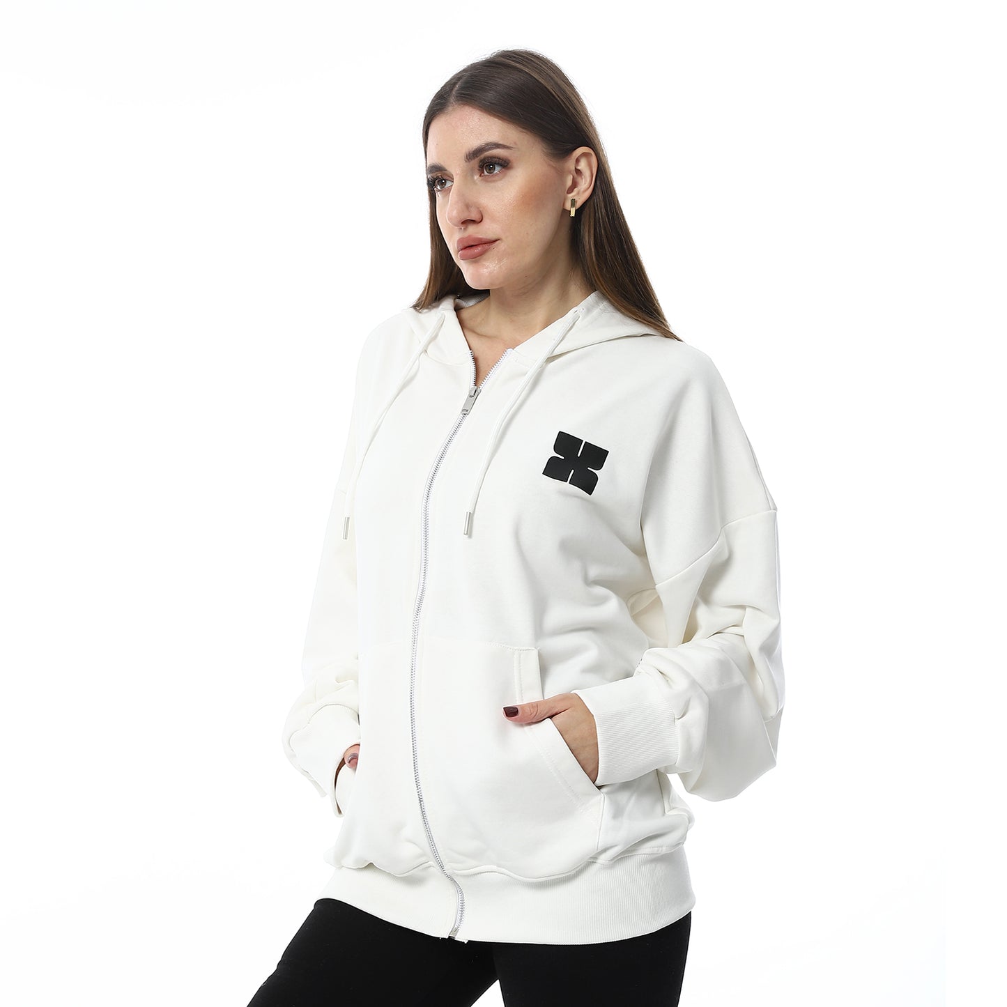 White Simple Print Full Zip Hoodie