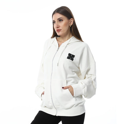 White Simple Print Full Zip Hoodie