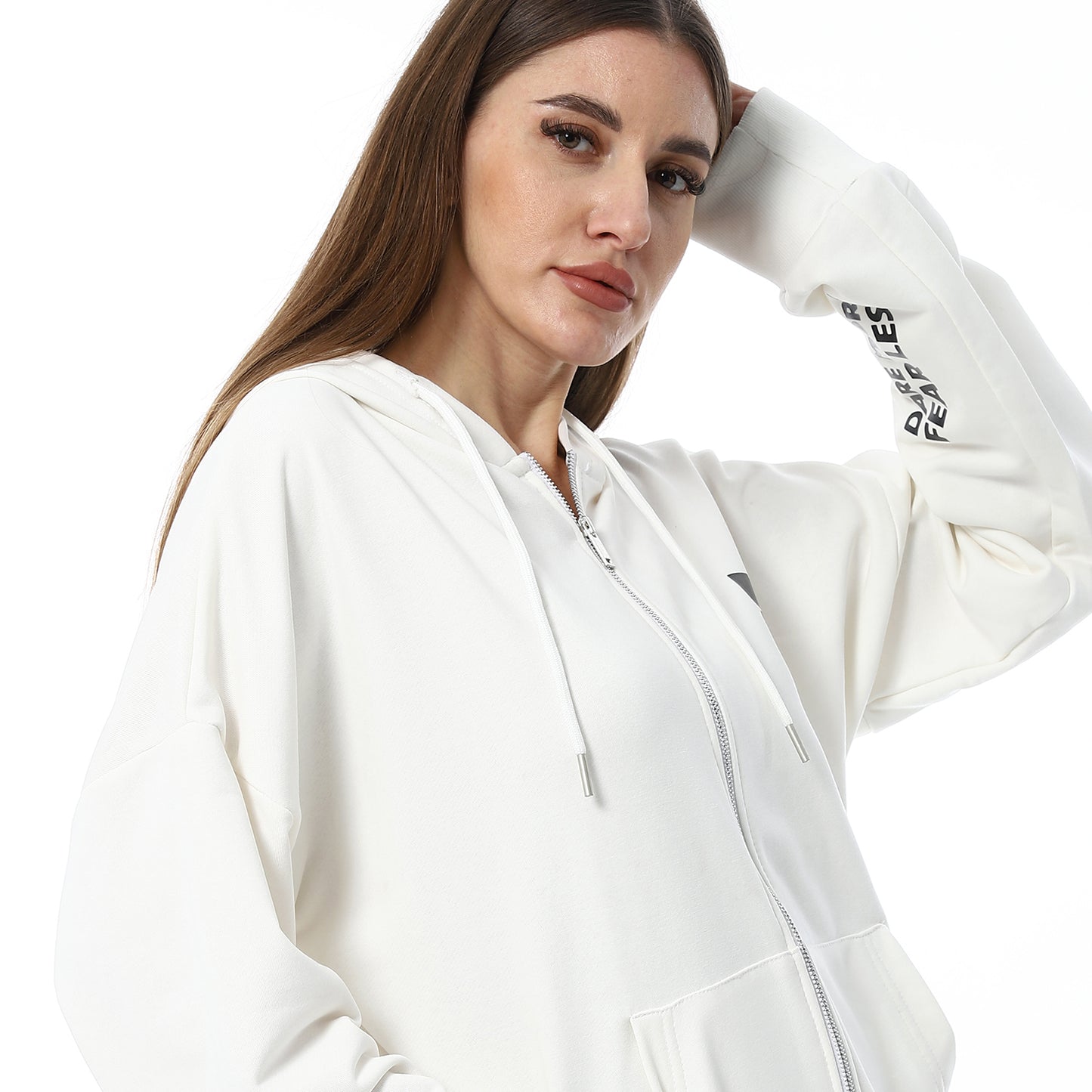 White Simple Print Full Zip Hoodie