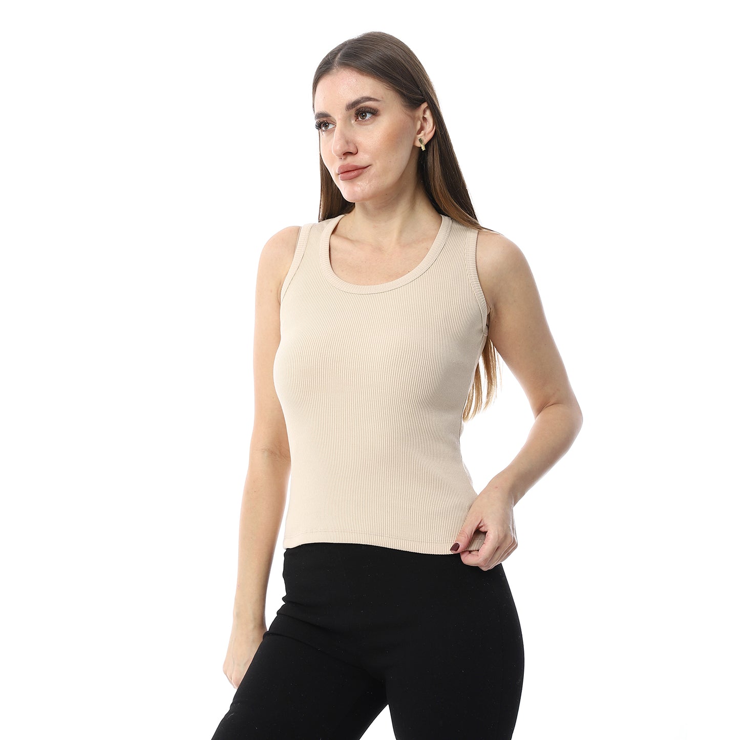 Beige Round Neck Basic Top