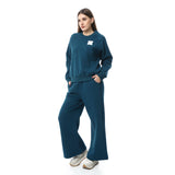 Petrol Blue Raglan Sleeve Printed Pajama Set