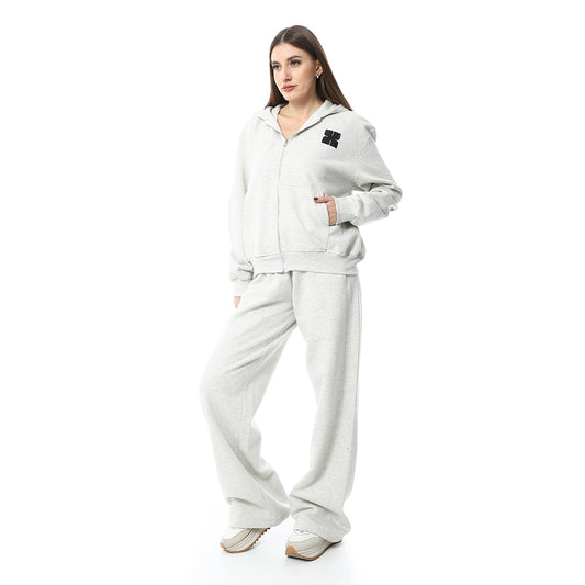 Light Gray Zipper Hoodie & Sweatpants Pajama Set