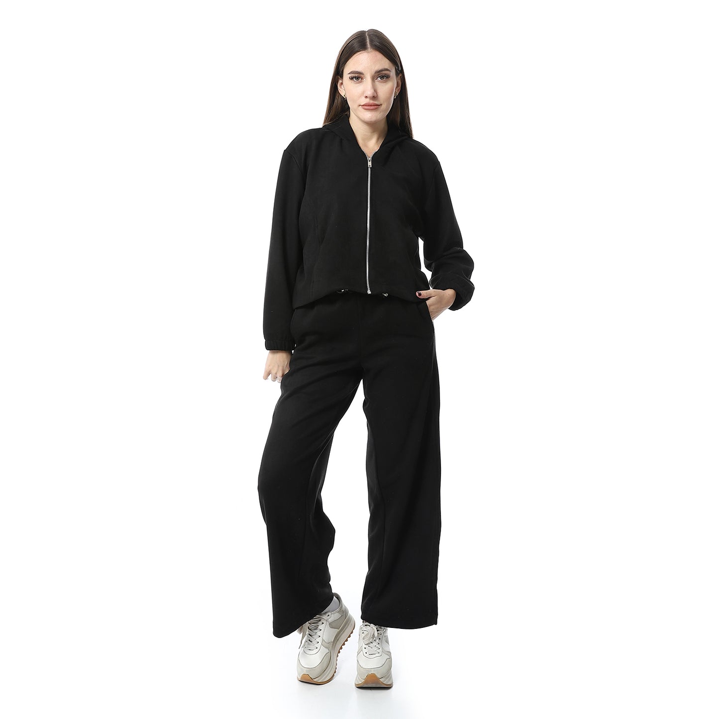 Black Suede Zip Hoodie & Wide-Leg Pants Pajama