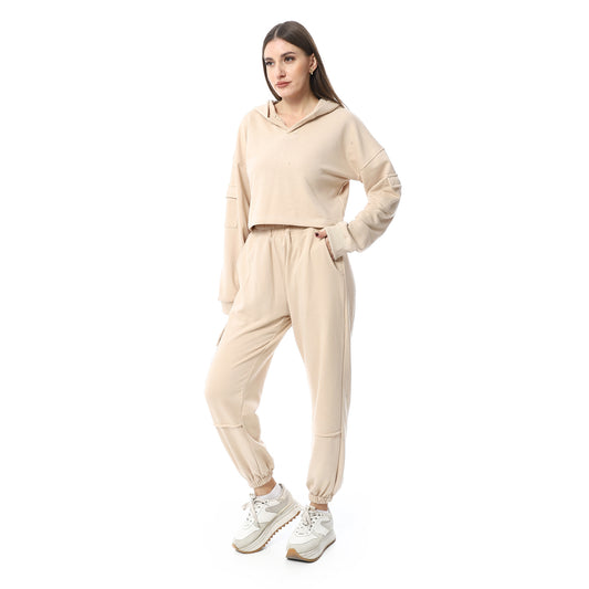 Beige High-Hip Hoodie & Sweatpants Pajama Set