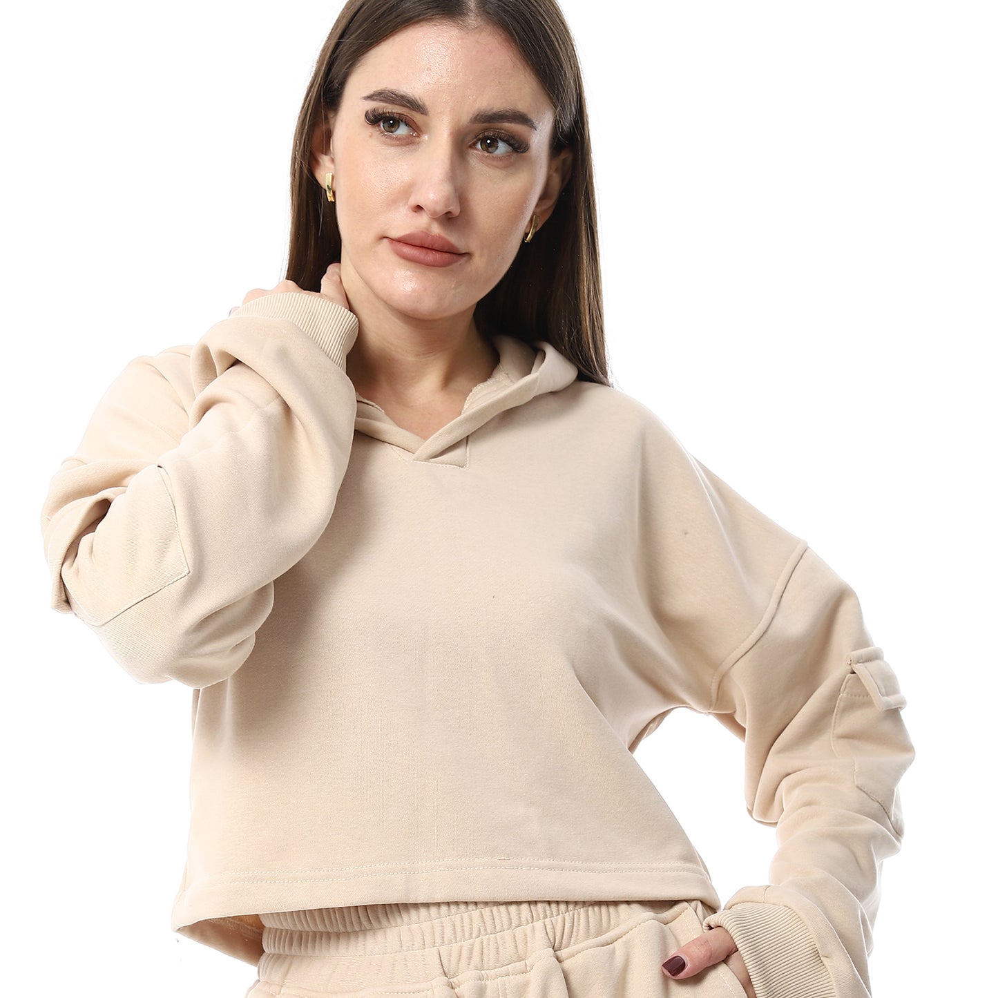 Beige High-Hip Hoodie & Sweatpants Pajama Set