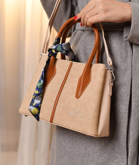 Beige Handbag with Decorative Scarf