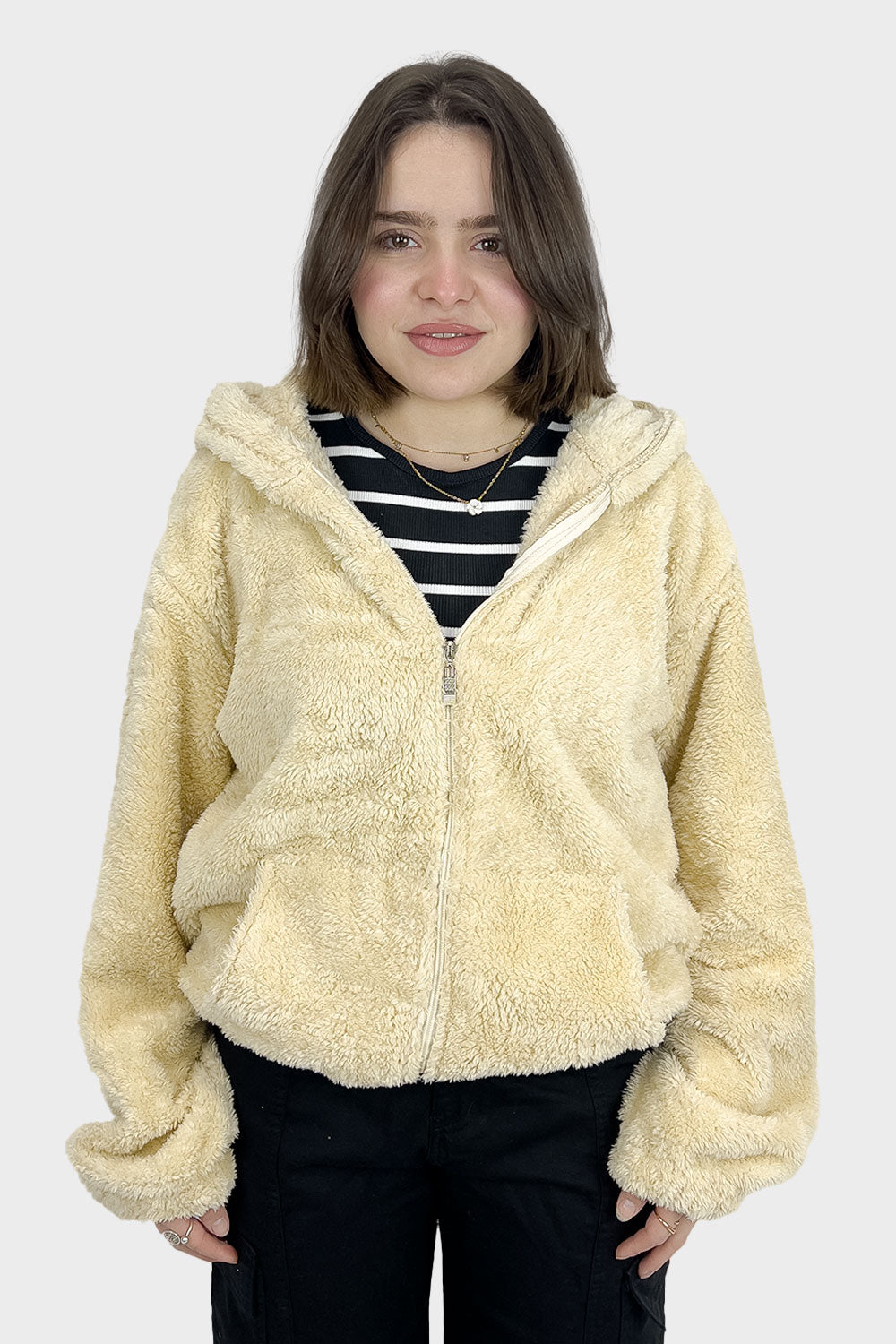 Beige Hooded Fur Jacket