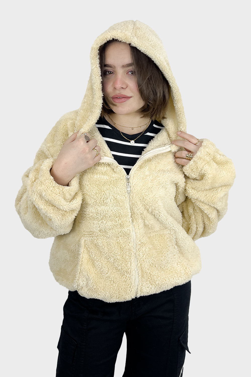 Beige Hooded Fur Jacket