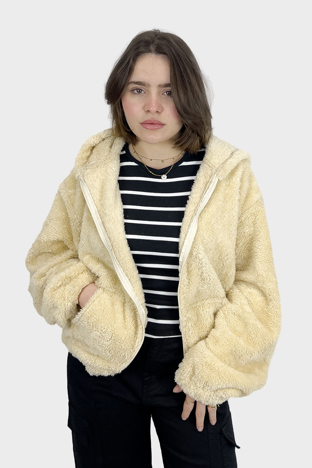 Beige Hooded Fur Jacket