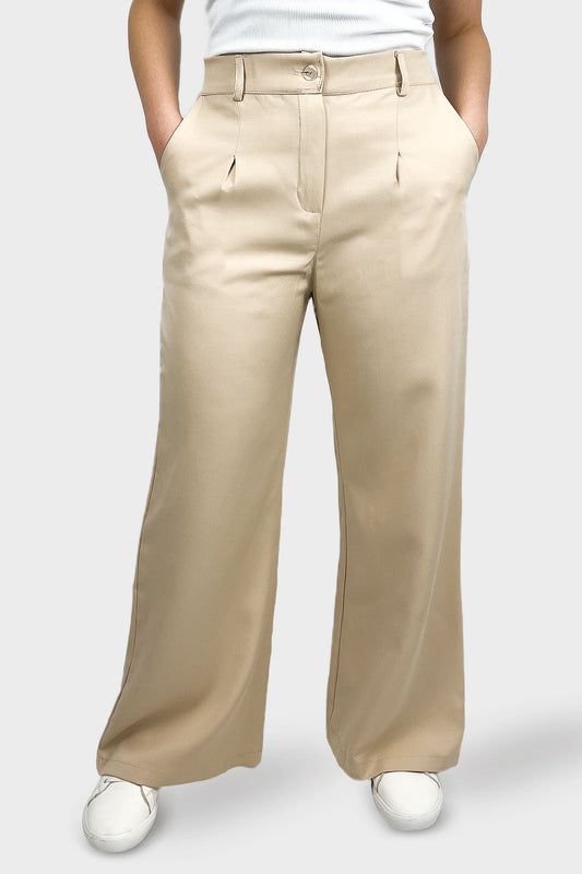 Beige Back Elastic Band Wide Leg Pants