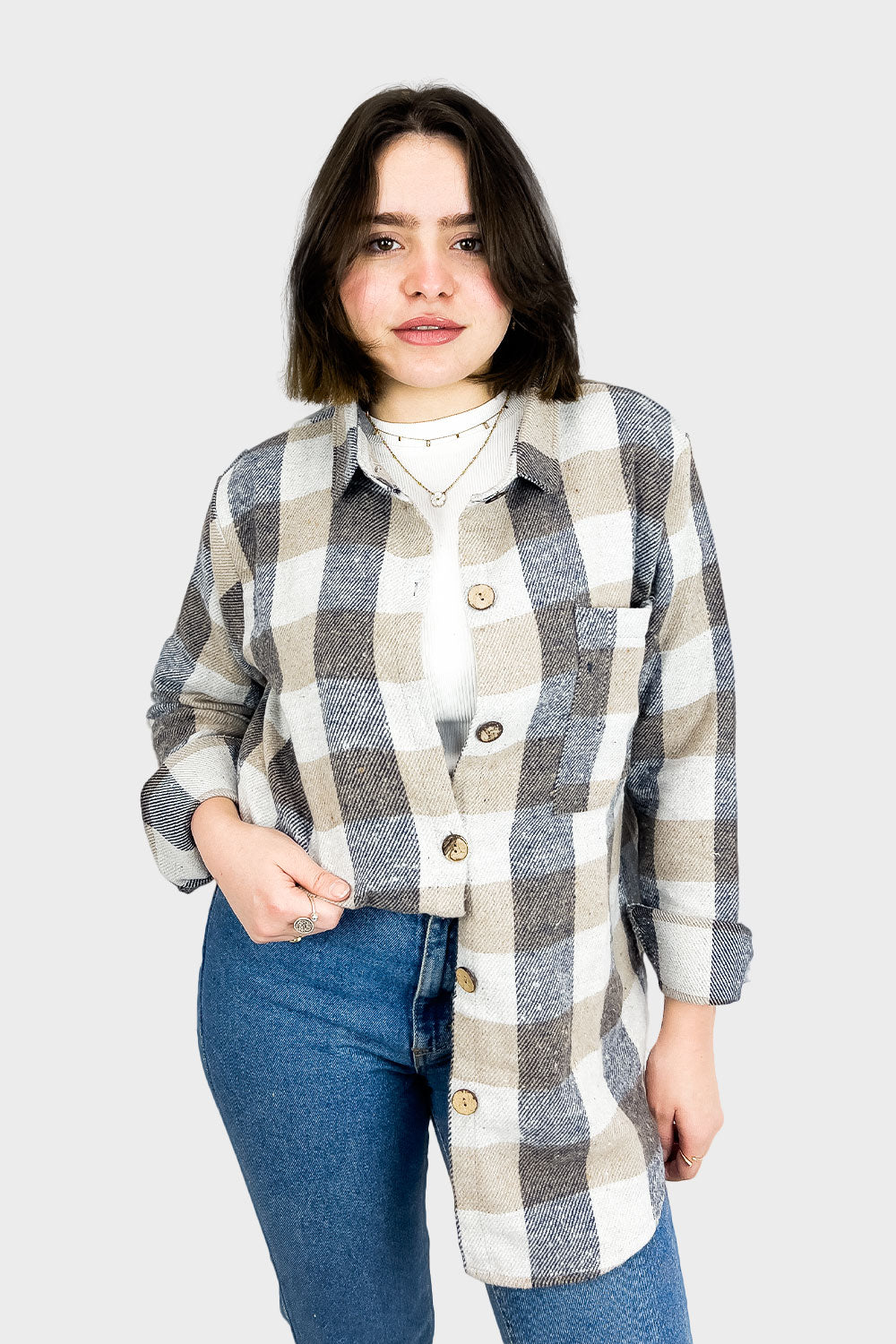 Beige Wool Checked Shirt