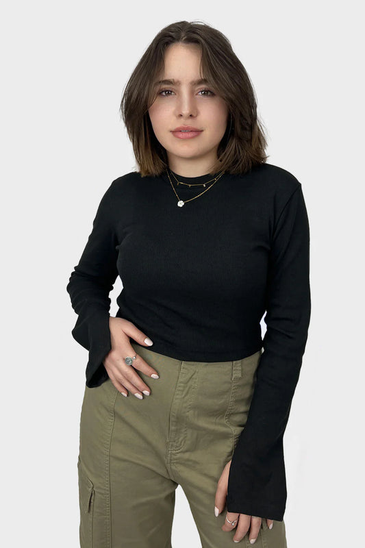 Black Crop Ribbed Top with Bracelet Slit