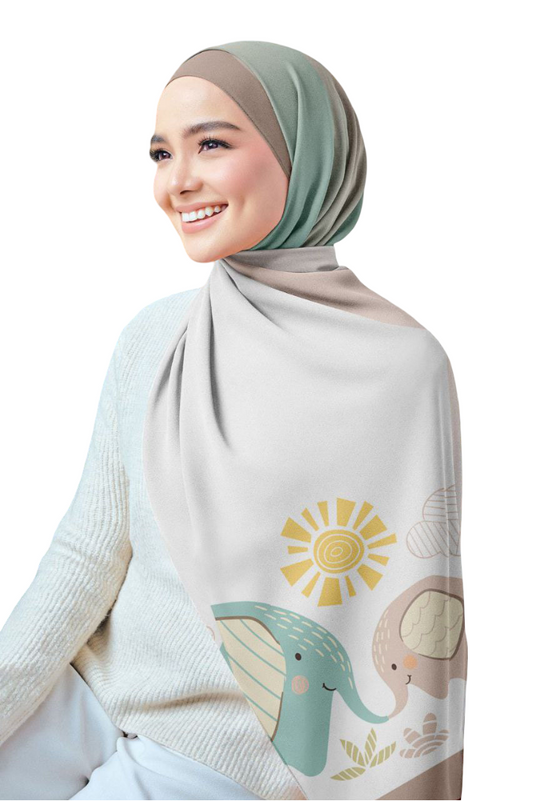 Beige Elephant Print Chiffon Crepe Scarf