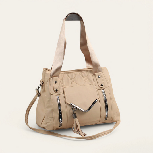 Beige Leather Shoulder Bag with Long Strap