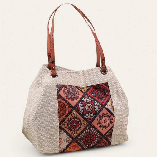 Beige Fabric Shoulder Bag with Colorful Pattern