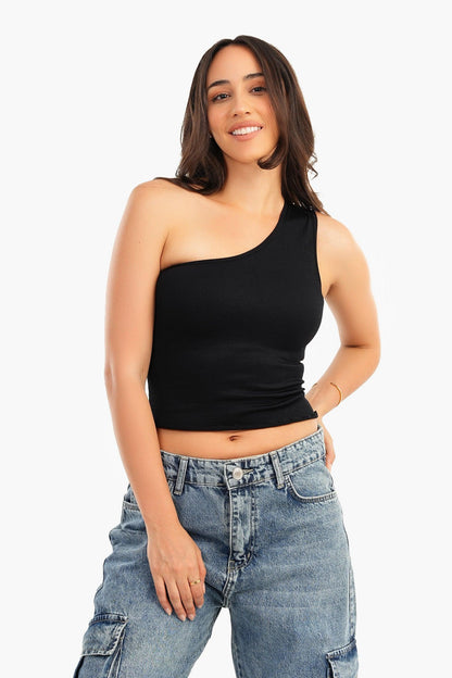 Black One Shoulder Cropped Top