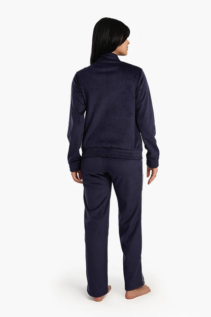 طقم بيجامة مخملية مضلعة باللون الأزرق البحري