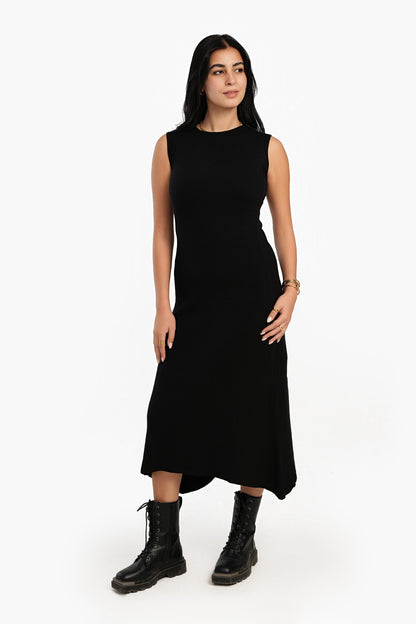 Black Ribbed Asymmetrical Dress