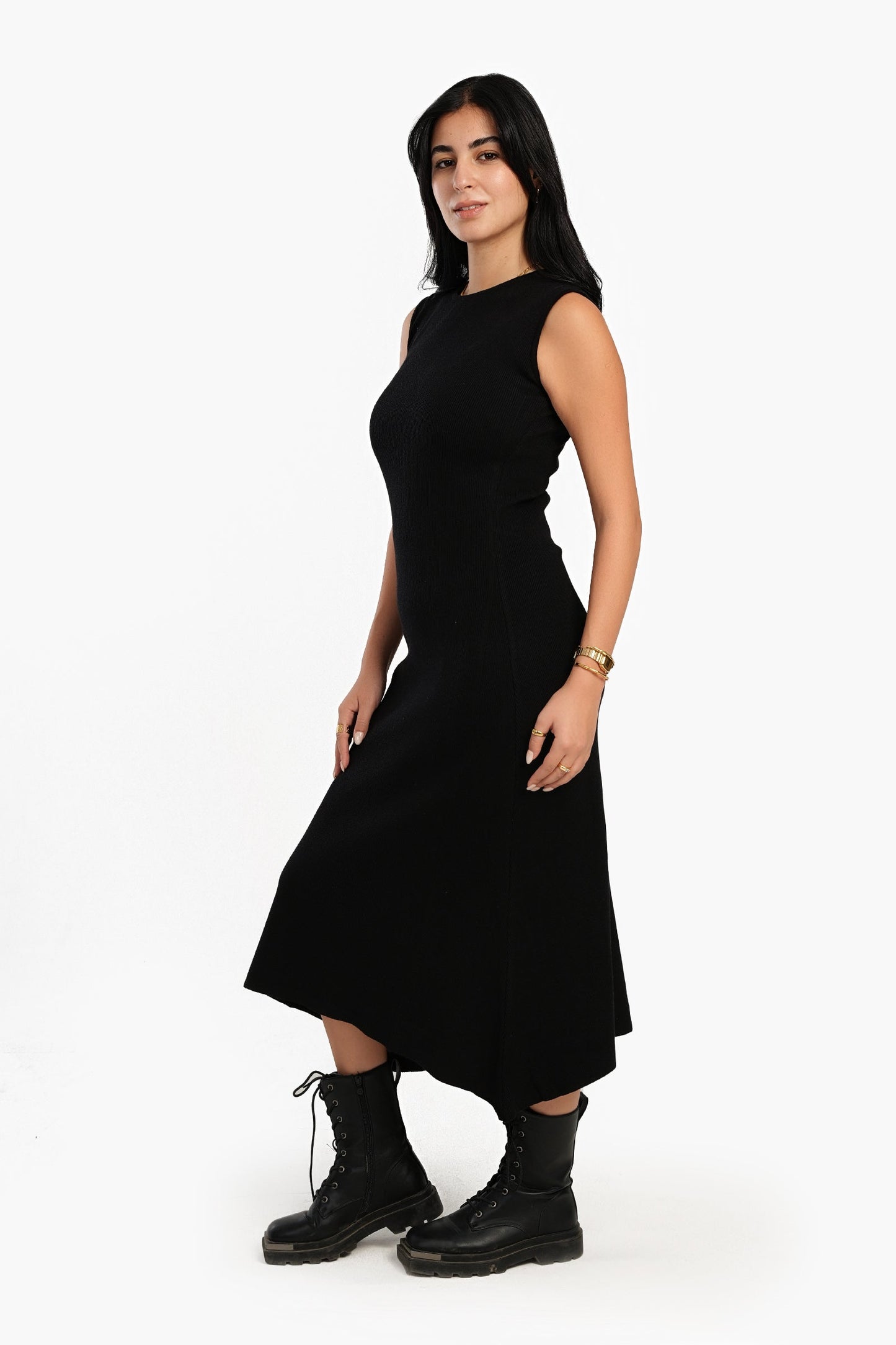 Black Ribbed Asymmetrical Dress