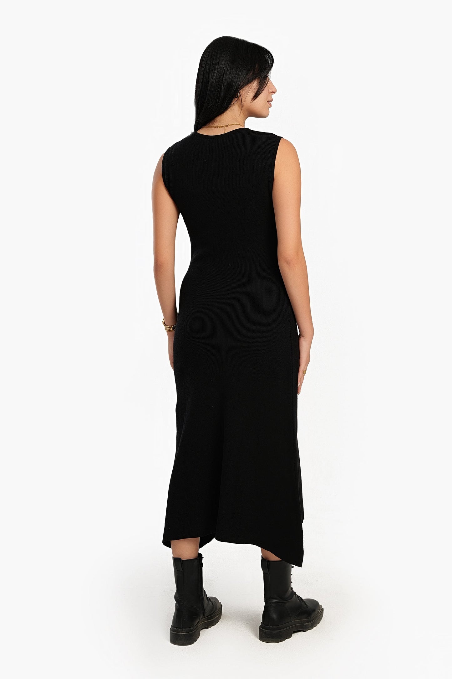 Black Ribbed Asymmetrical Dress