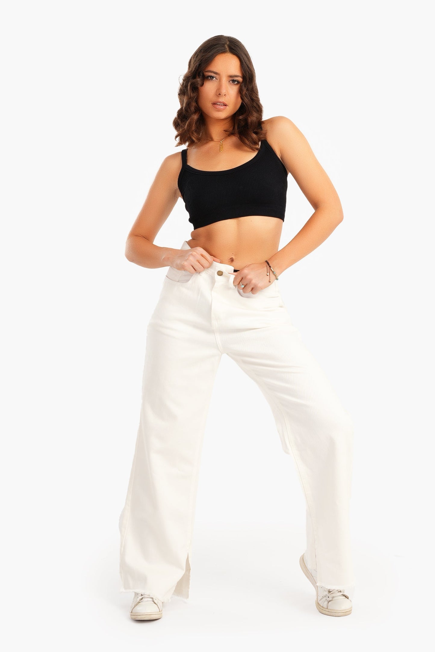 White Denim Pants with Slits