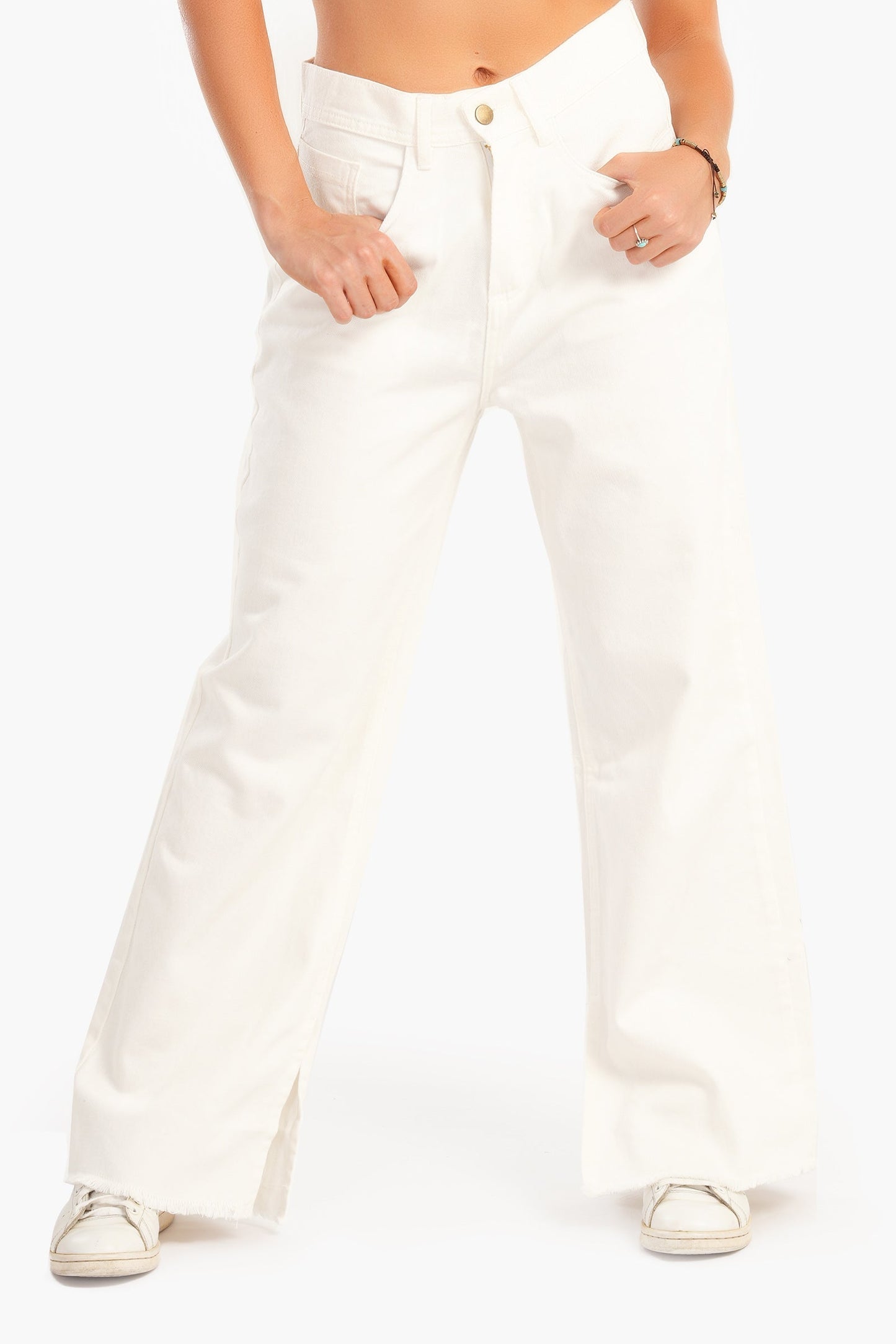 White Denim Pants with Slits