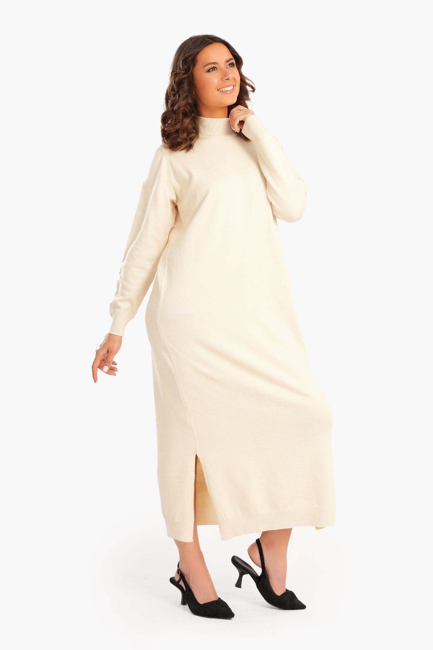 Ribbed High Neck Wool Dress