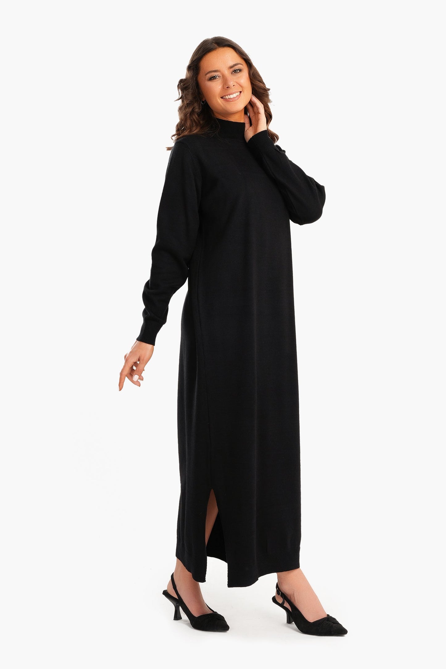 Ribbed High Neck Wool Dress