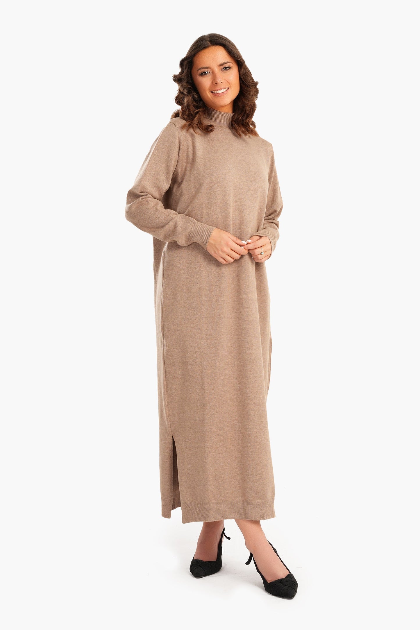 Ribbed High Neck Wool Dress